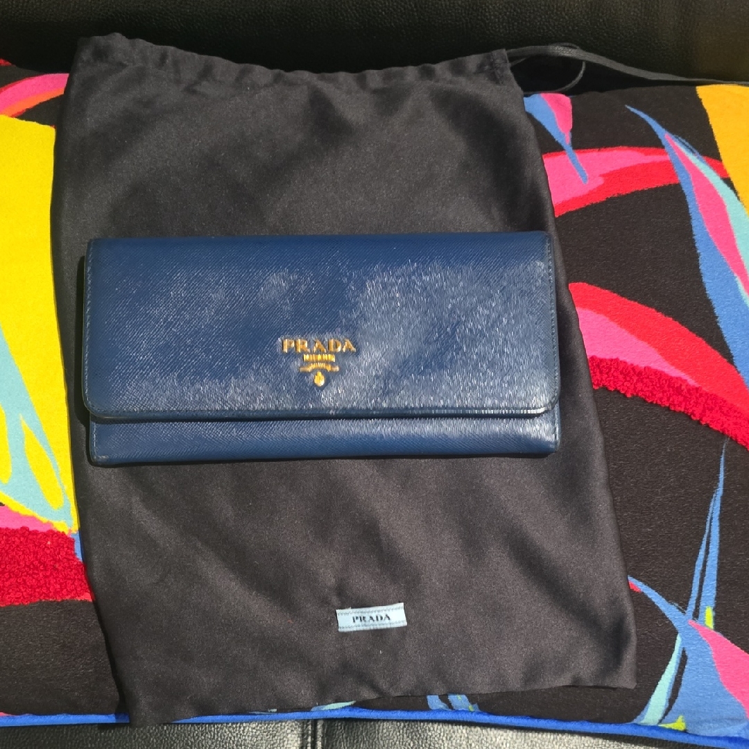 Prada Navy Leather Clutch With Gold Accents